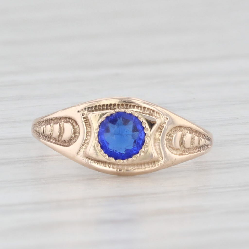 Light Gray Antique Blue Glass Baby Ring 10k Yellow Gold Small Size