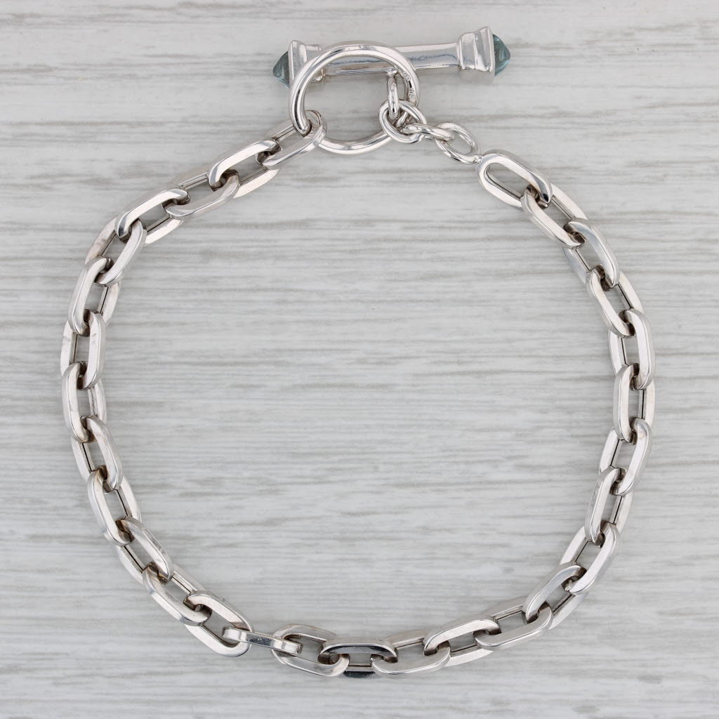 Gray Cable Chain Bracelet Blue Topaz Toggle Clasp 14k White Gold 7.5"