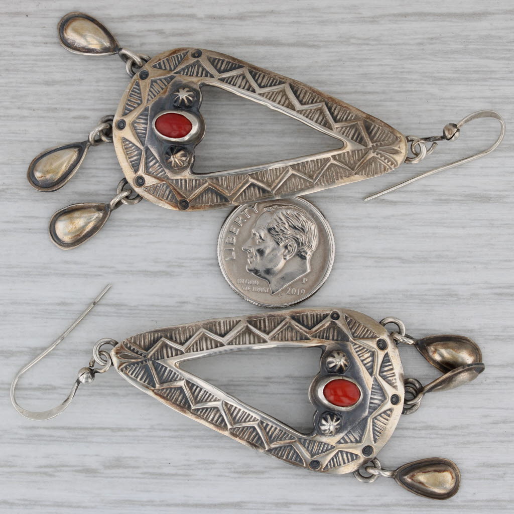 Geneve Ramone Navajo Native American Earrings Sterling Silver Coral Teardrop