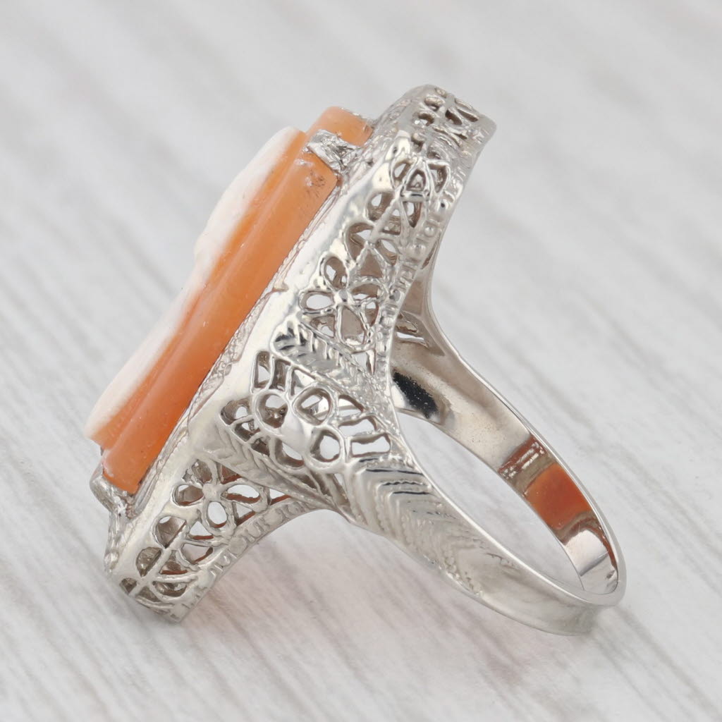 Light Gray Vintage 14K White Gold Carved Shell Cameo Filigree Size 3.5 Ring
