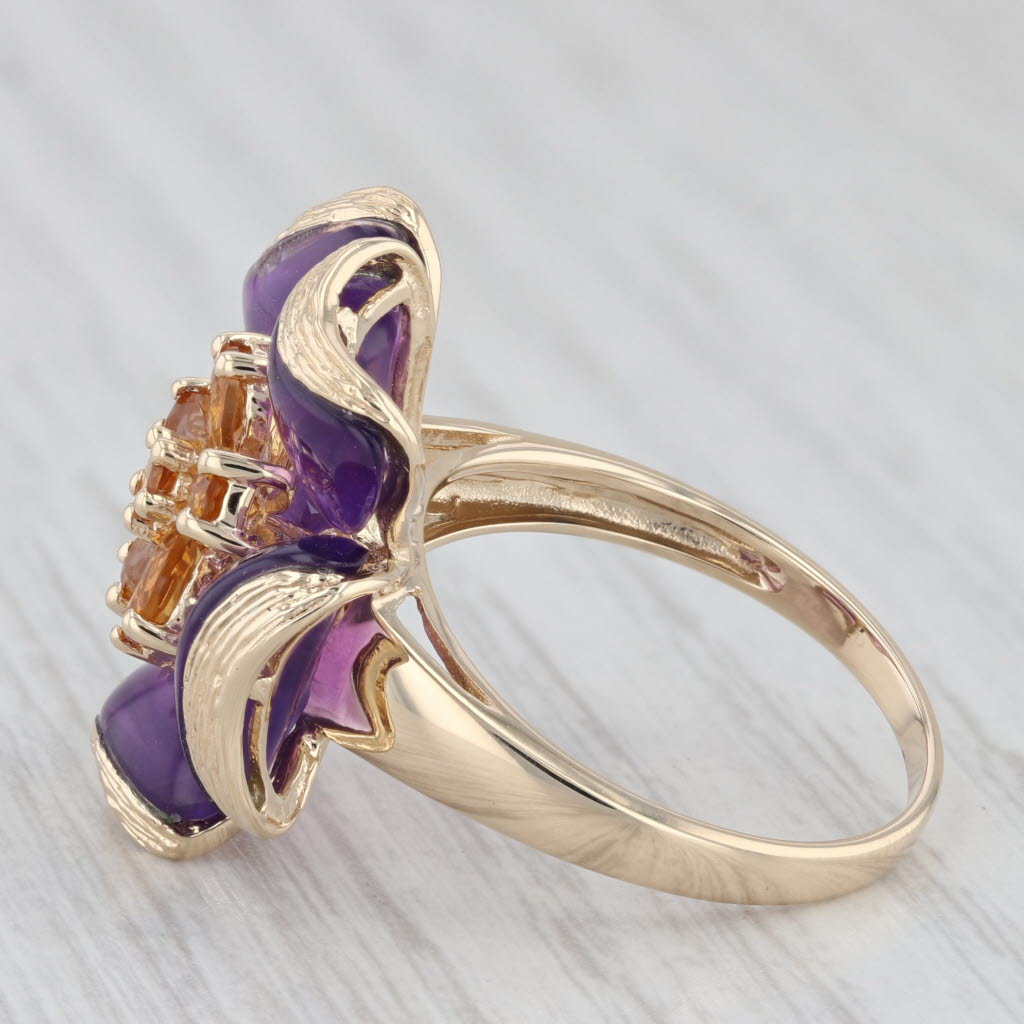 Light Gray Amethyst Citrine Flower Statement Cocktail 14K Yellow Gold Ring Size 8.25