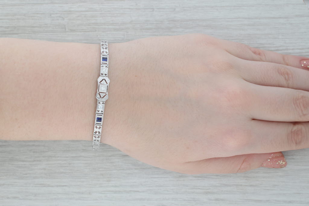 Gray Art Deco 0.52ctw Diamond Lab Created Sapphire Bracelet 14k White Gold 5.75"