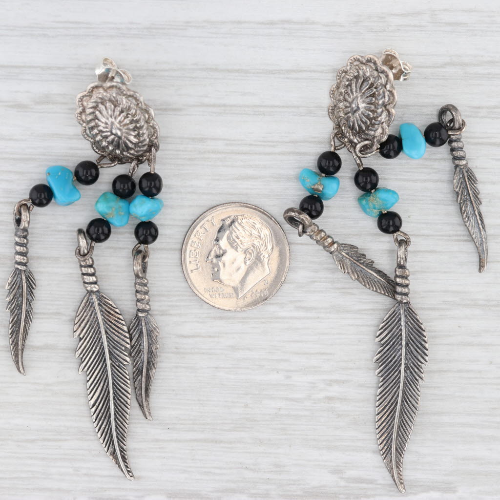 Light Gray Vintage Turquoise Onyx Feather Dangle Earrings Sterling Silver Southwestern