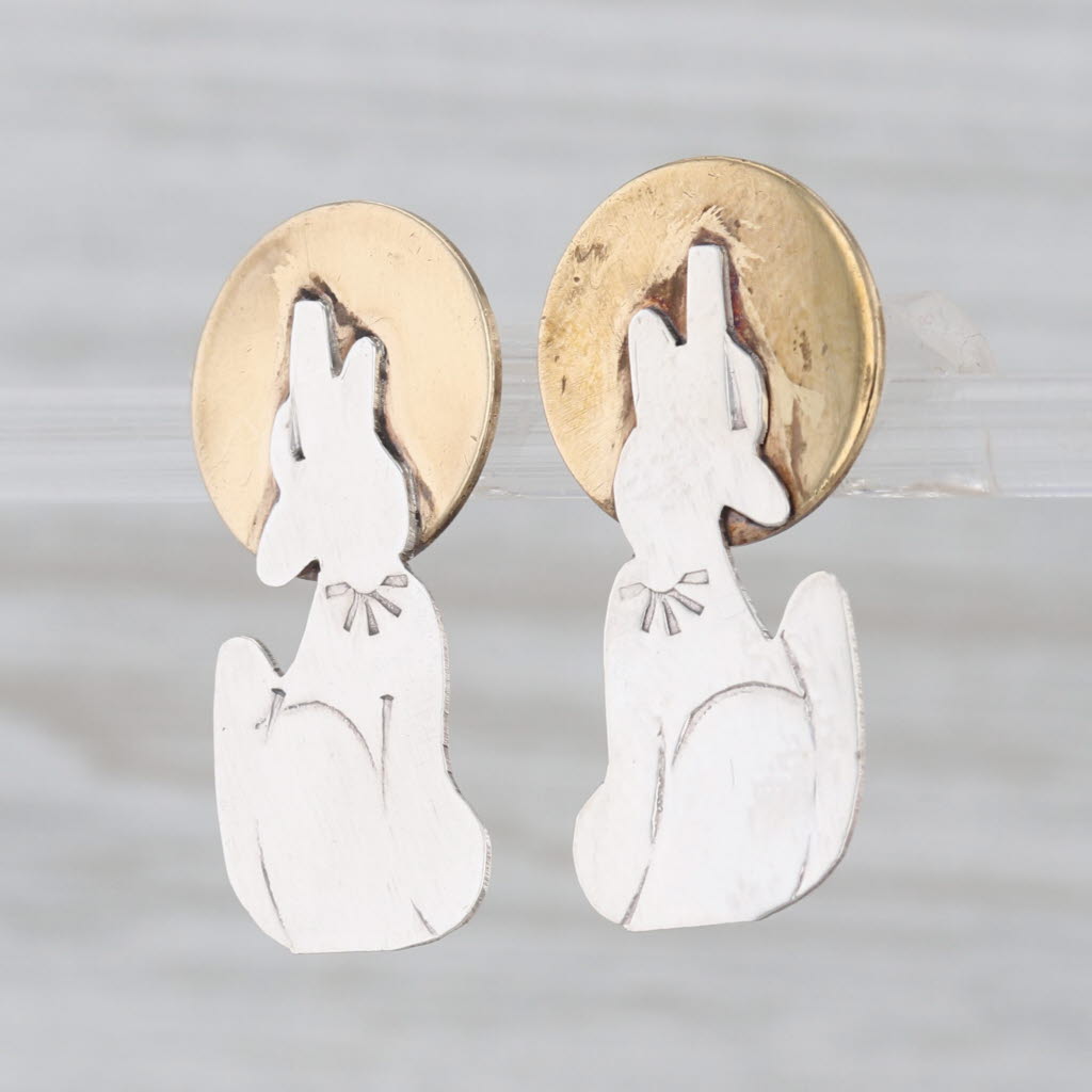 Vintage Wolf Howling at the Moon Earrings Sterling Silver Brass Drops