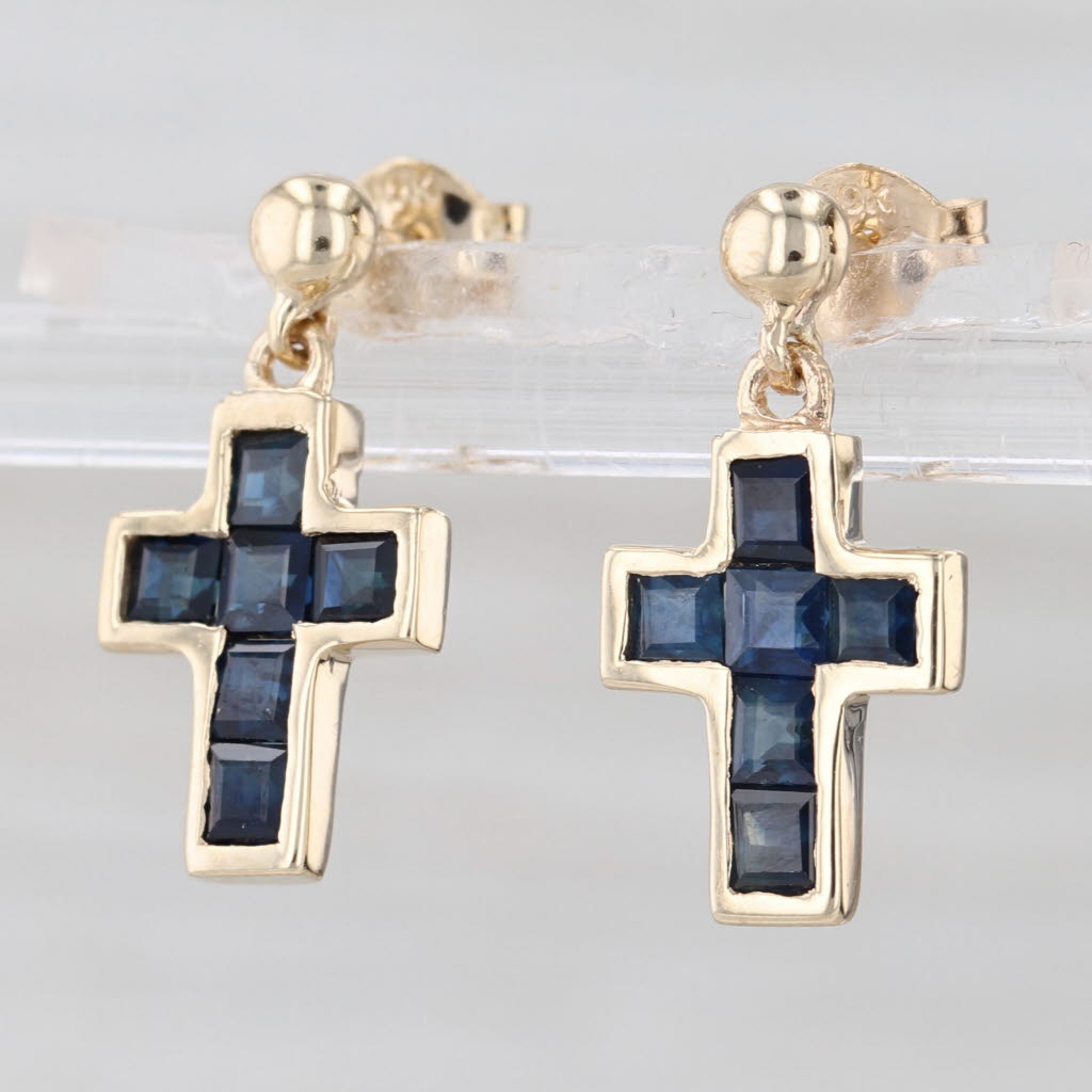1.50ctw Blue Sapphire Cross Dangle Earrings 10k Yellow Gold Drops
