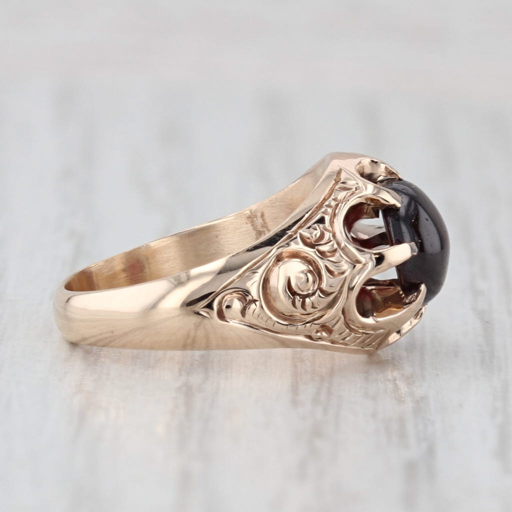 Antique Garnet Solitaire Ring 9k-10k Gold Ornate Floral Pattern Belcher Setting
