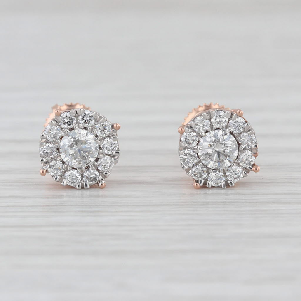 0.84ctw Round Diamond Halo Stud Earrings 14k Rose Gold Screw Back Studs