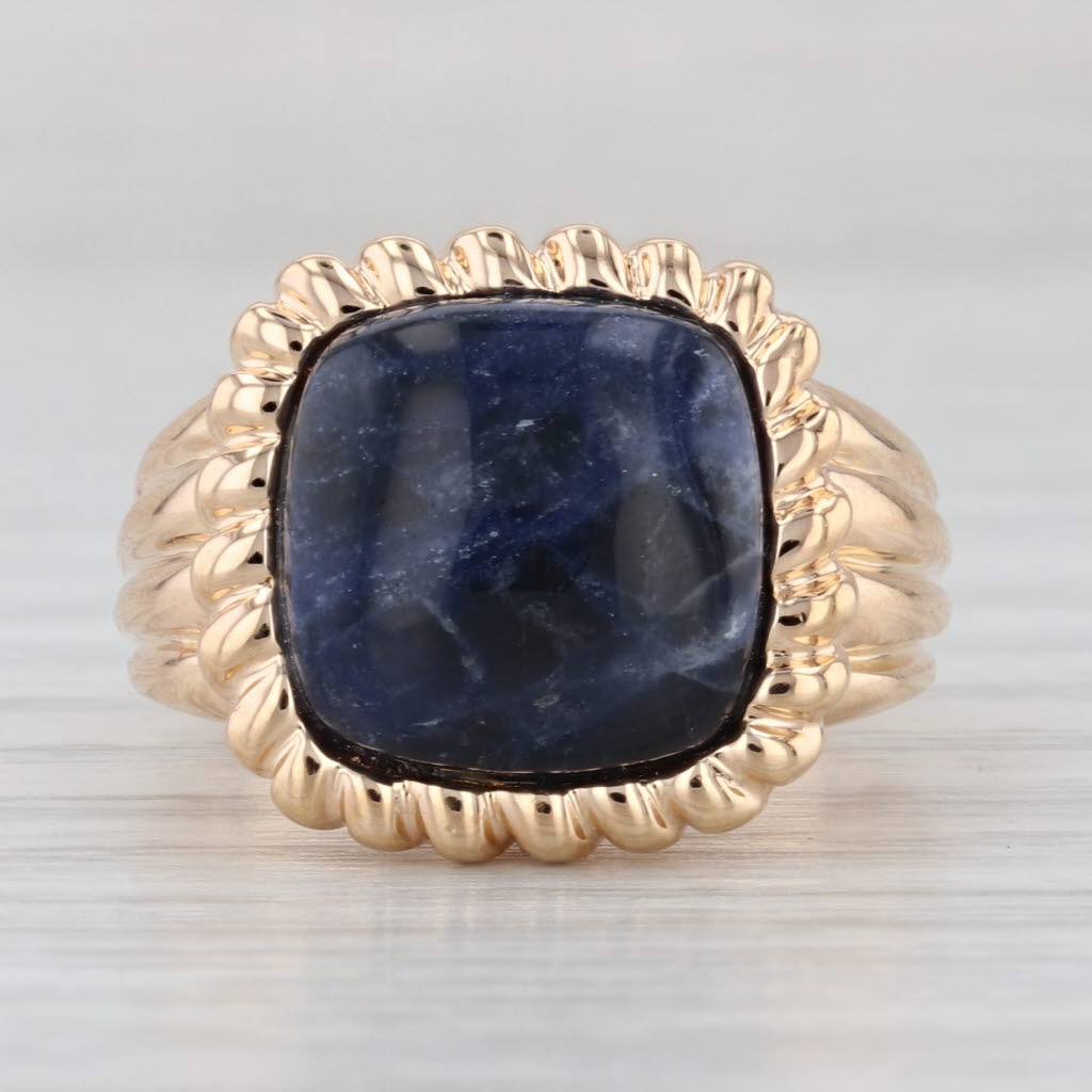 Blue Sodalite Cabochon Solitaire Ring Gold Plated Sterling Silver Size 6.75
