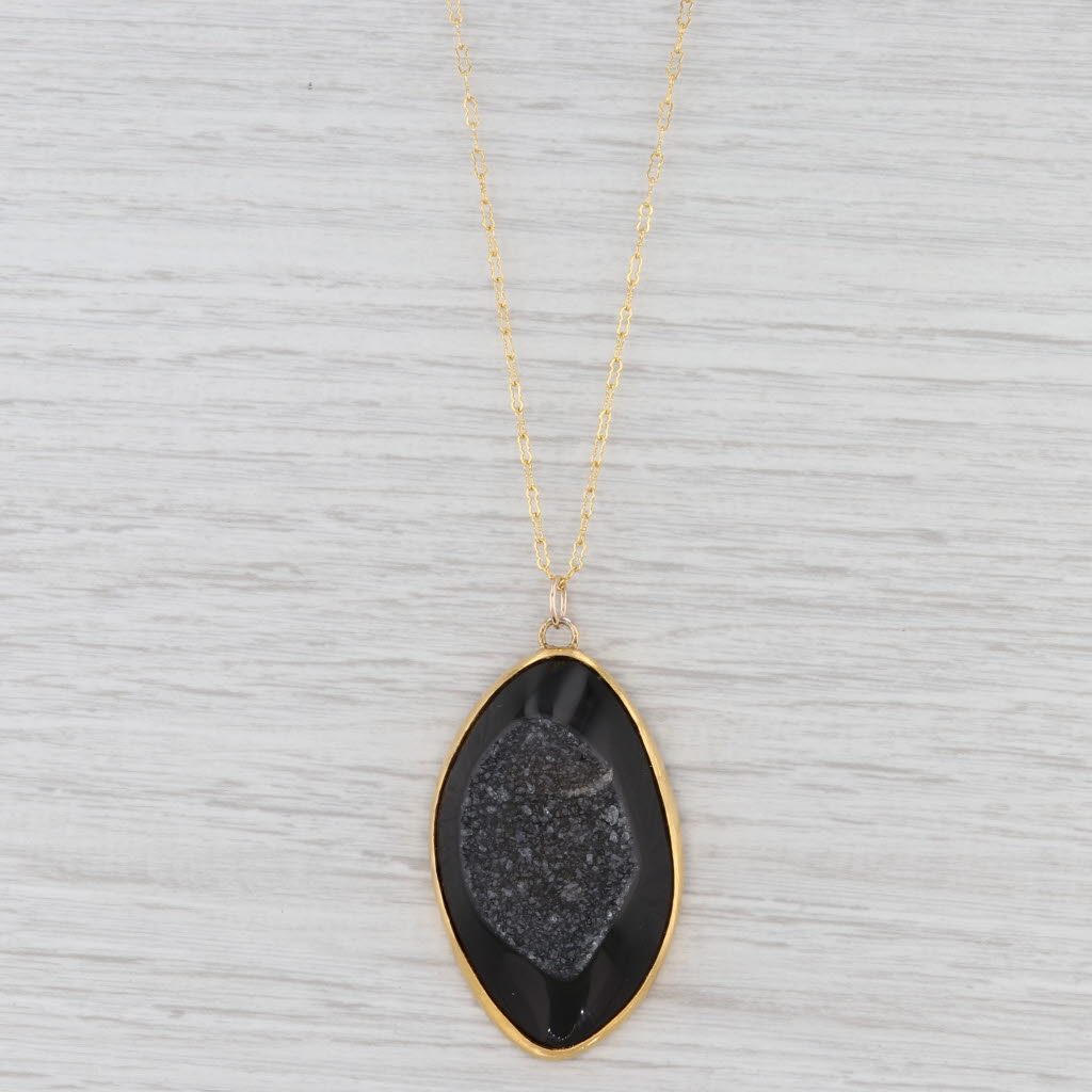 New Nina Wynn Druzy Geode Quartz Pendant Necklace Sterling Gold Vermeil 24-26"