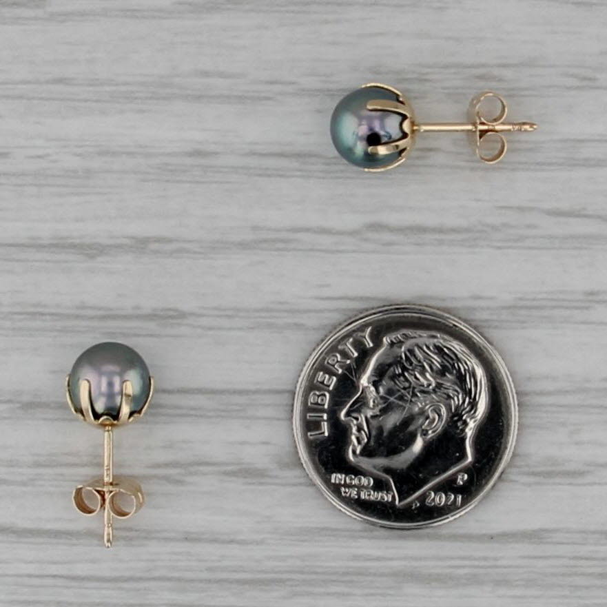 6.4mm Black Cultured Pearl Solitaire Stud Earrings 14k Yellow Gold Studs