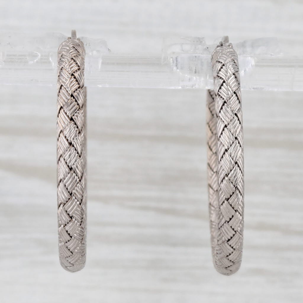 Light Gray Roberto Coin Basket Weave Hoop Earrings 18k White Gold Snap Top Round Hoops