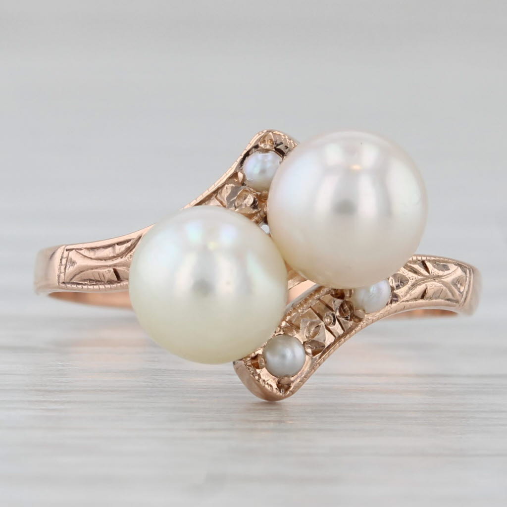 Light Gray Vintage Cultured Pearl Bypass Ring 10k Rose Gold Size 6.25