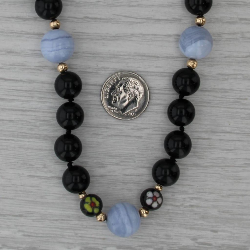 Onyx Agate Cloisonne Bead Strand Necklace 14k Gold 18" Statement