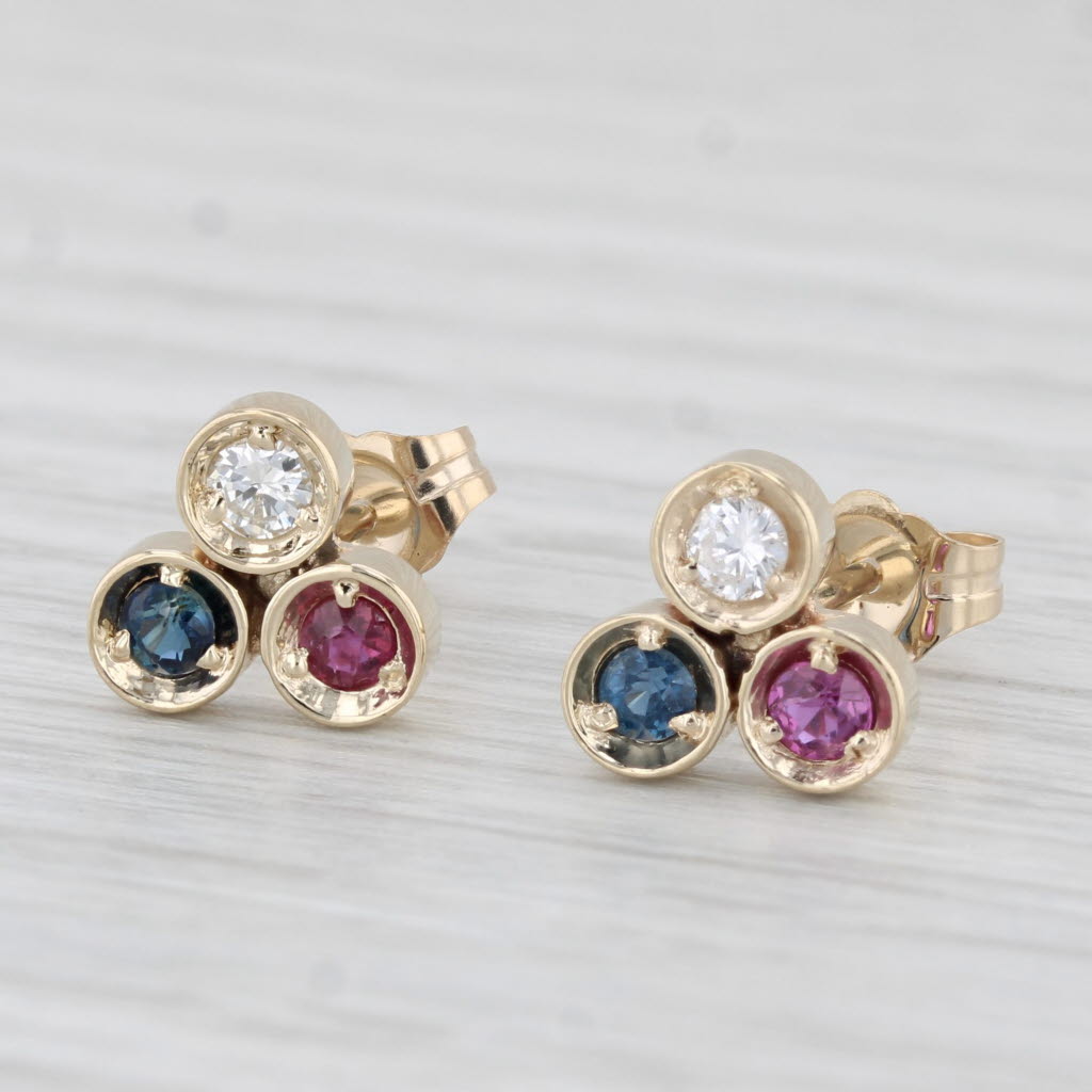 Light Gray 0.34ctw Diamond Ruby Sapphire Stud Earrings 14k Yellow Gold Round 3-Stone