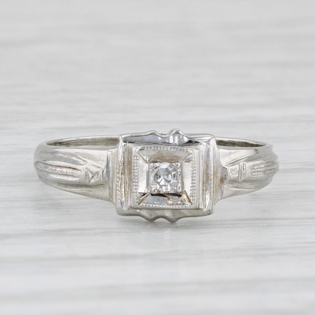 Light Gray Small Vintage Diamond Solitaire Ring 14k White Gold 2.75 Baby Size