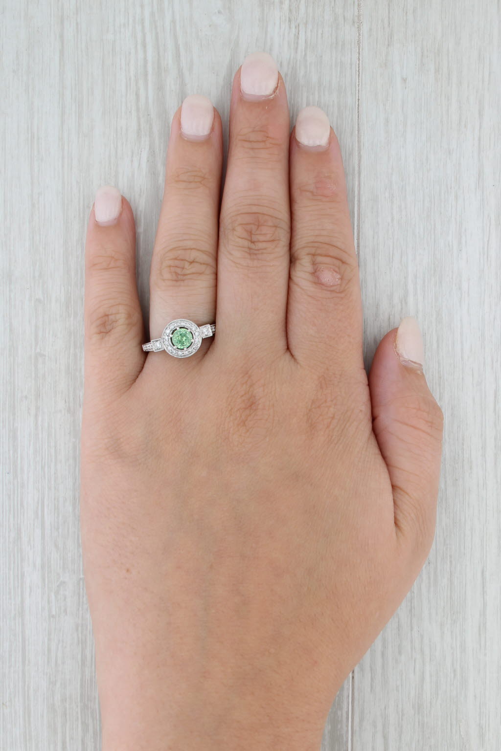 0.85ctw Demantoid Garnet Diamond Halo Ring 18k White Gold Size 7.75 Engagement