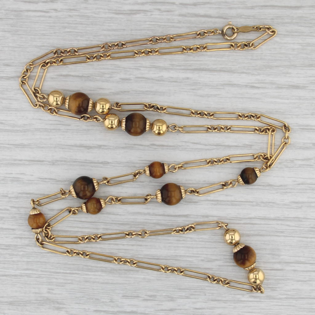 Vintage Tiger's Eye Bead Station Necklace 12k Gold Filled Cable Chain 30.5" BAB