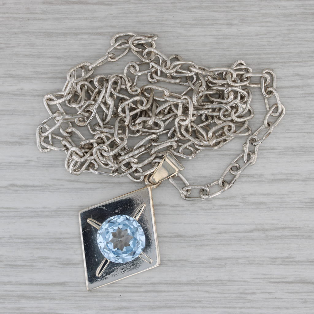 Dark Gray 5.10ct Lab Created Blue Spinel Necklace Sterling Silver Taxco Modernist 27.25"