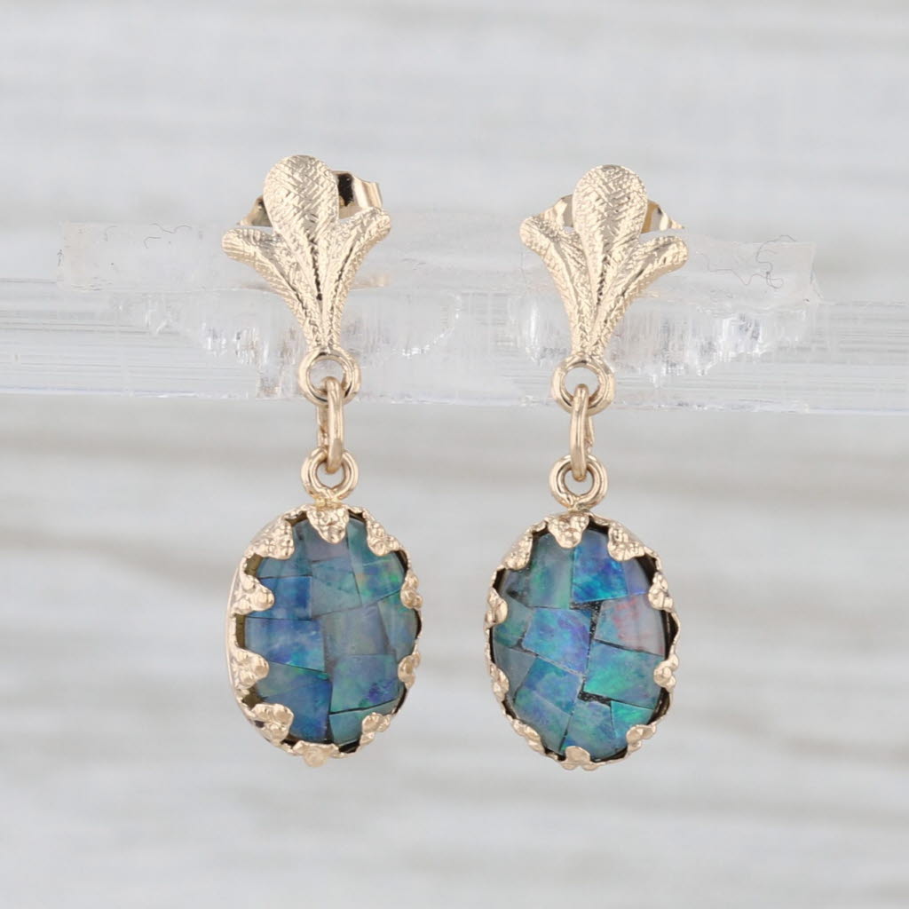Blue Opal Quartz Doublet Dangle Earrings 14k Yellow Gold Mosaic Drops