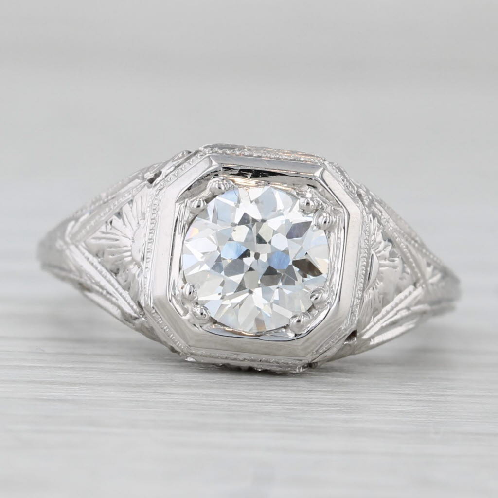 Light Gray Art Deco 1.08ct Old European Diamond Engagement Ring 18k Gold Floral Sz 5.25 GIA