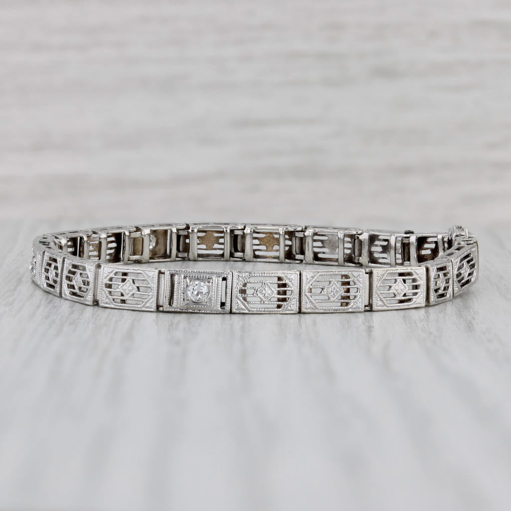 Art Deco 0.13ctw Diamond Filigree Bracelet 14k White Gold 6" 4.6mm