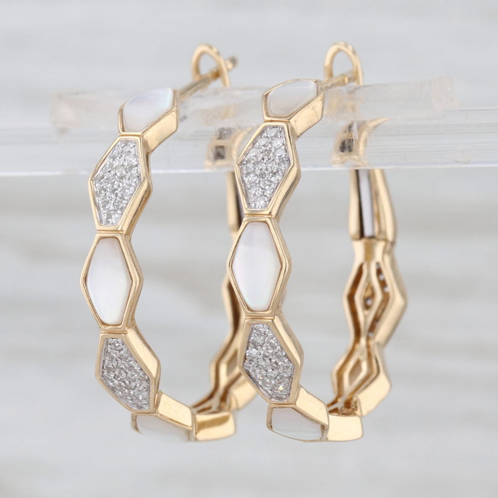 Mother of Pearl 0.28ctw Diamond Hoop Earrings 14k Yellow Gold Hoops Omega Posts