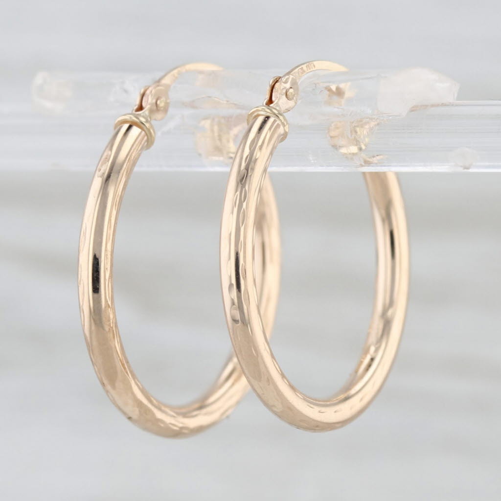 Small Etched Hoop Earrings 10k Yellow Gold Snap Top Round Hoops 20.4 x 2 mm