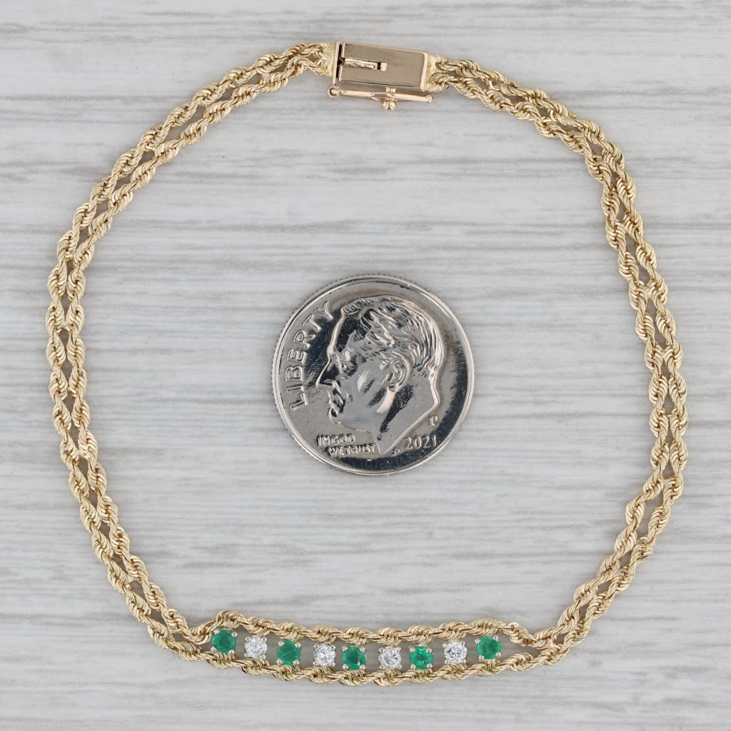 Gray 0.30ctw Emerald Diamond Rope Chain Bracelet 14k Yellow Gold 7"