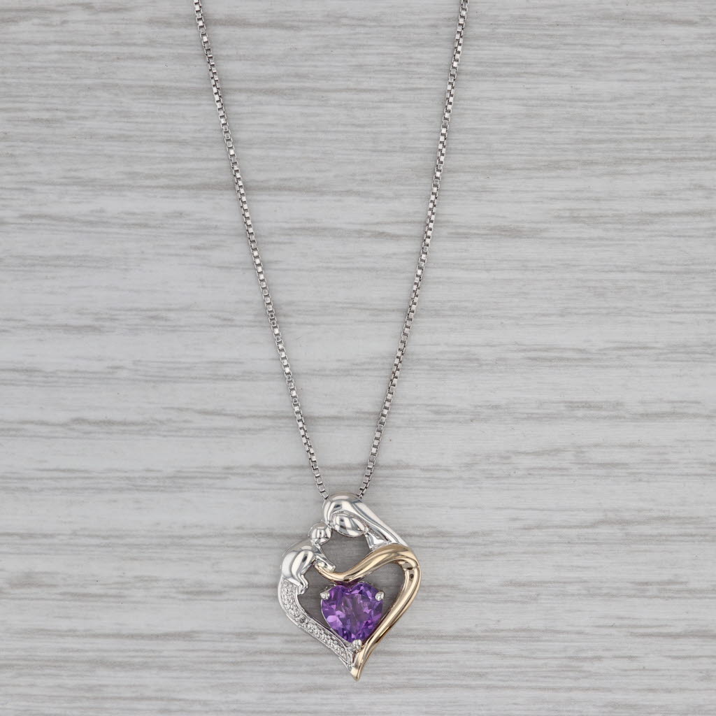 Gray 1.12ct Amethyst Mother & Child Heart Pendant Necklace Sterling Silver 14k Gold