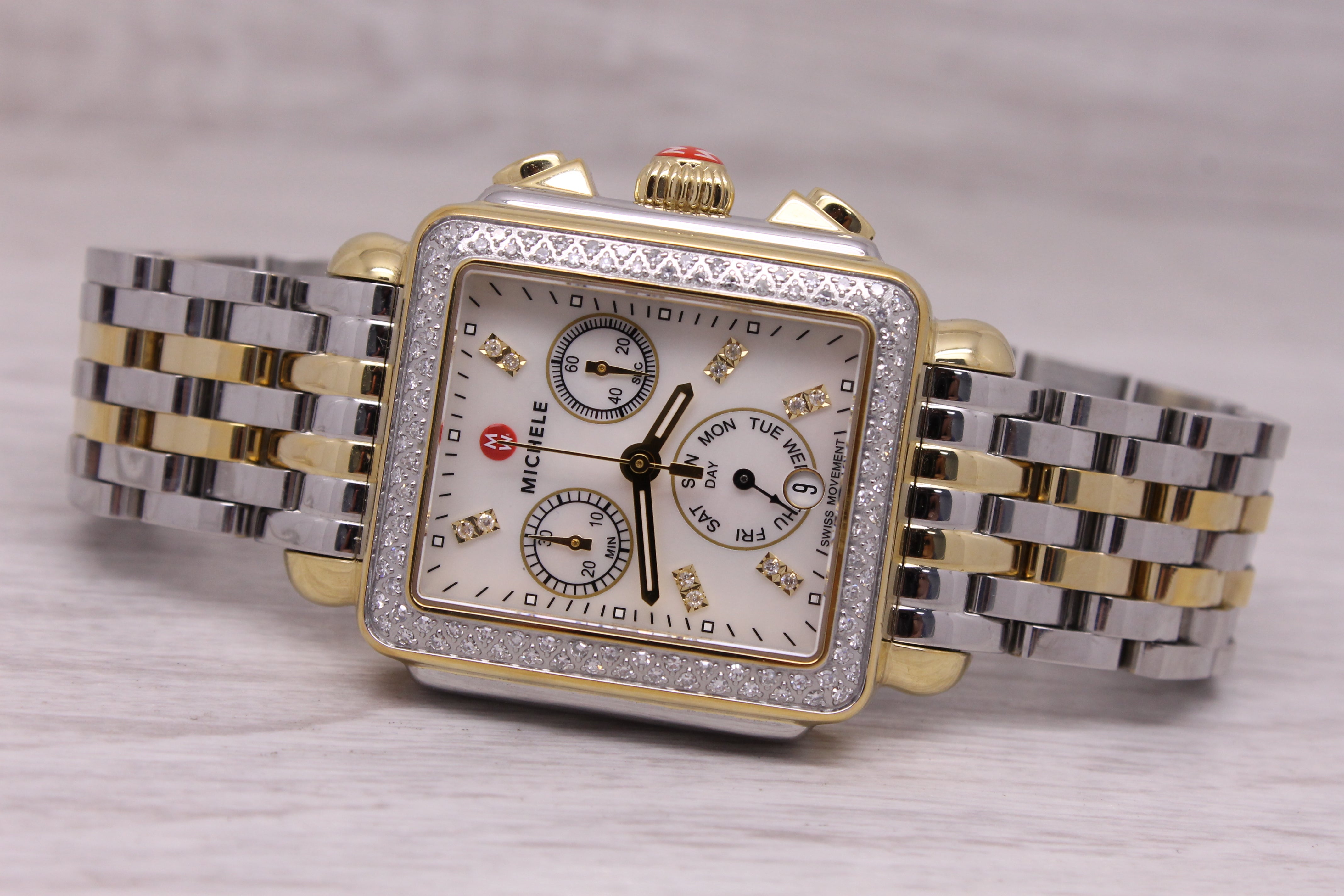 Dark Gray Michele Ladies 2 Tone Quartz Chronograph Watch Diamond Bezel & MOP MW06P01C5046