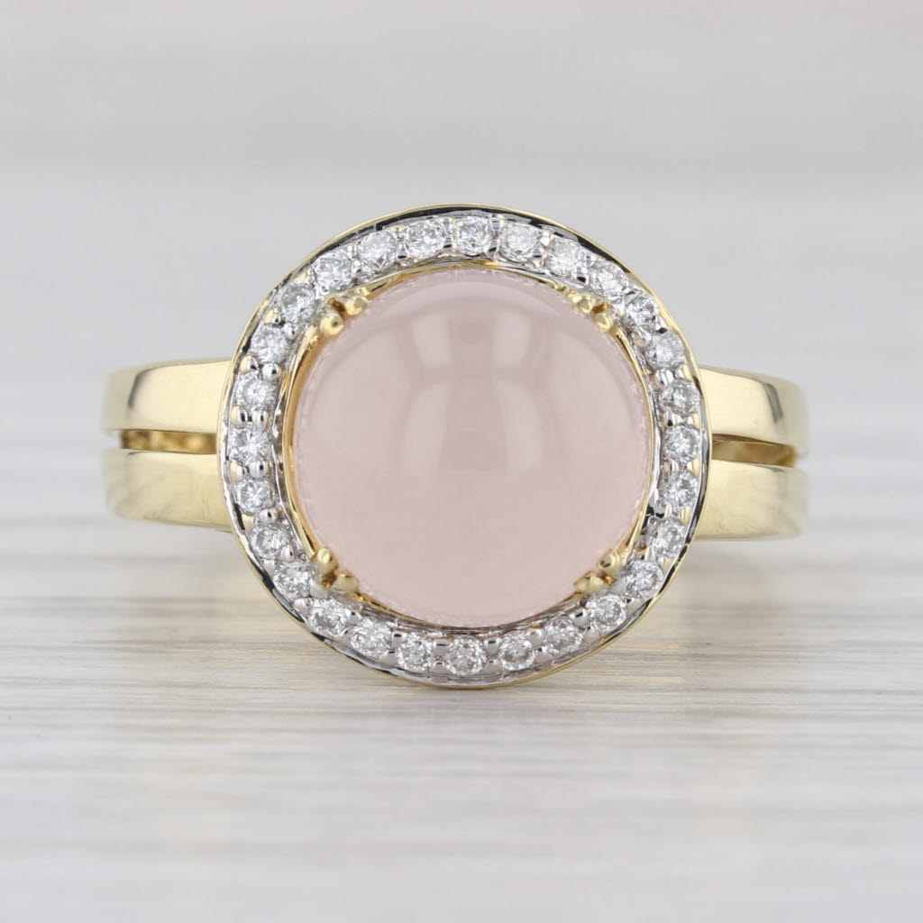 0.38ctw Diamond Halo Rose Quartz Cabochon Ring 18k Yellow Gold Size 7.75