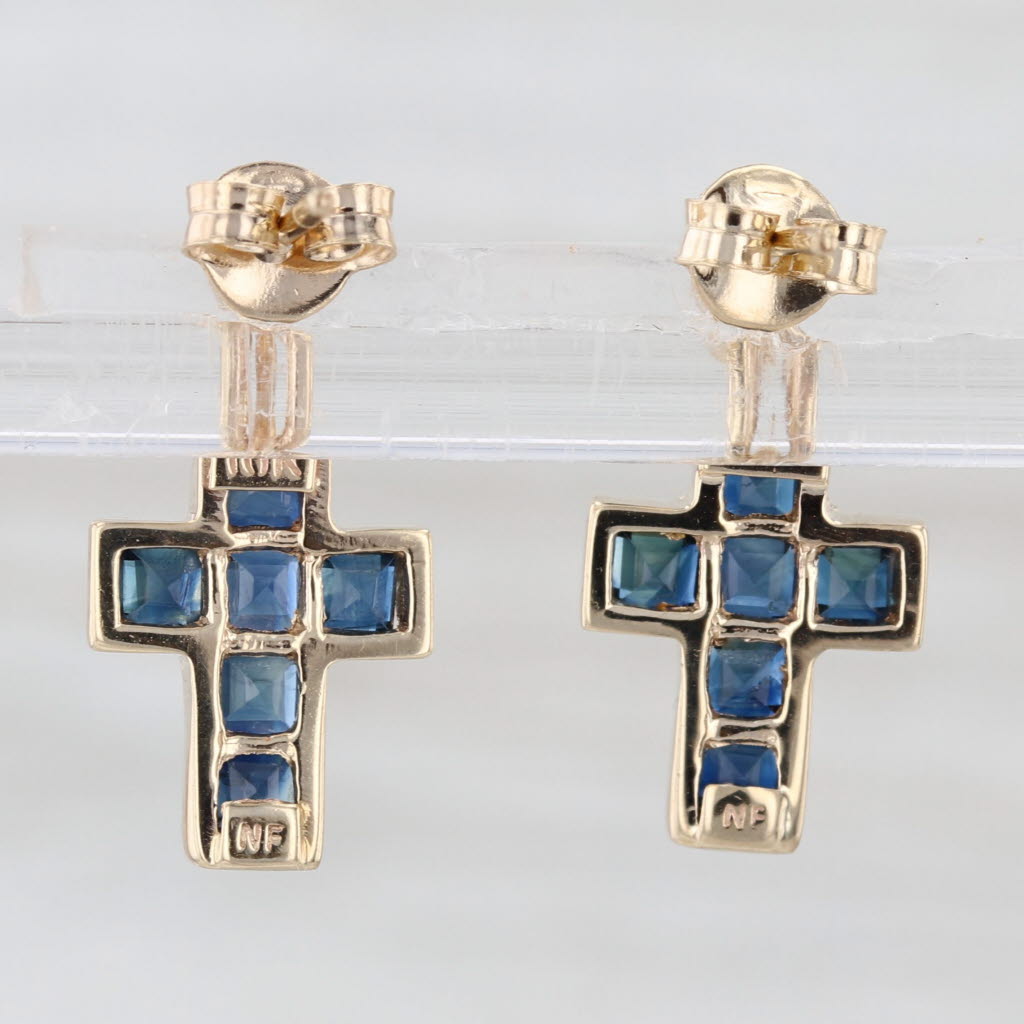 1.50ctw Blue Sapphire Cross Dangle Earrings 10k Yellow Gold Drops