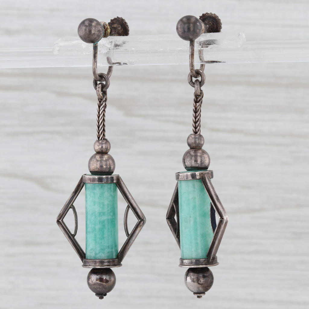 Vintage Amazonite Dangle Earrings Sterling Silver Screw Back Non Pierced As Is