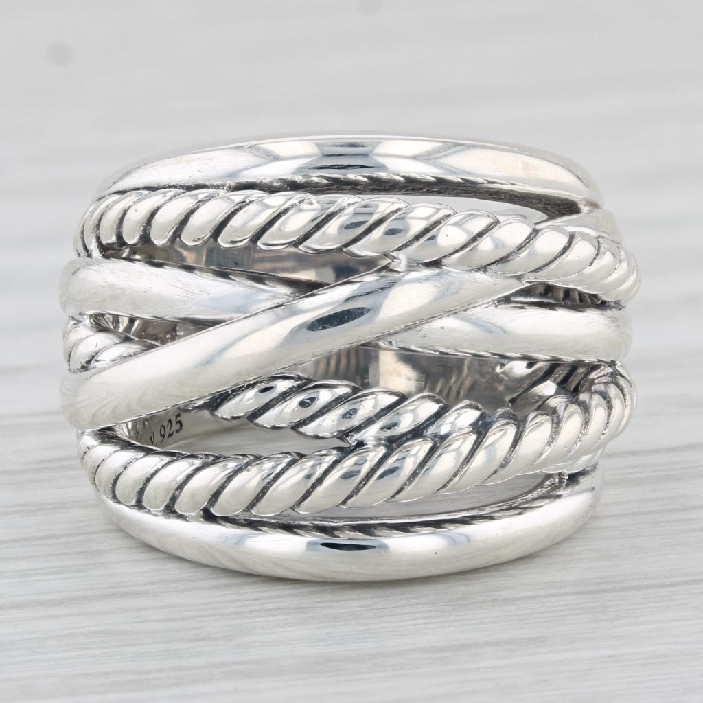 Light Gray David Yurman Wide Crossover Cable Ring Sterling Silver Size 6