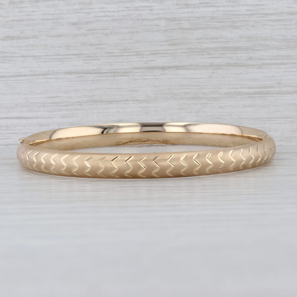7" Brushed Patterned Bangle Bracelet 14k Yellow Gold 6.1mm