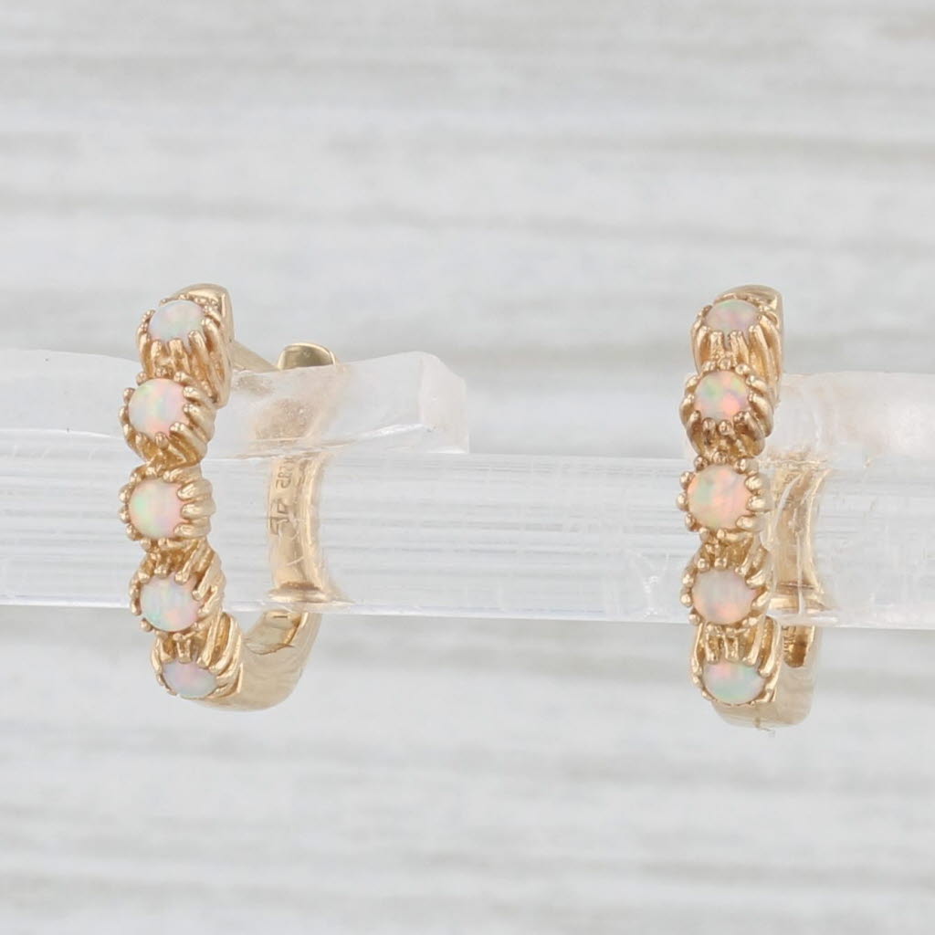 Light Gray New Opal Hoop Earrings 14k Yellow Gold Small Huggie Hoops