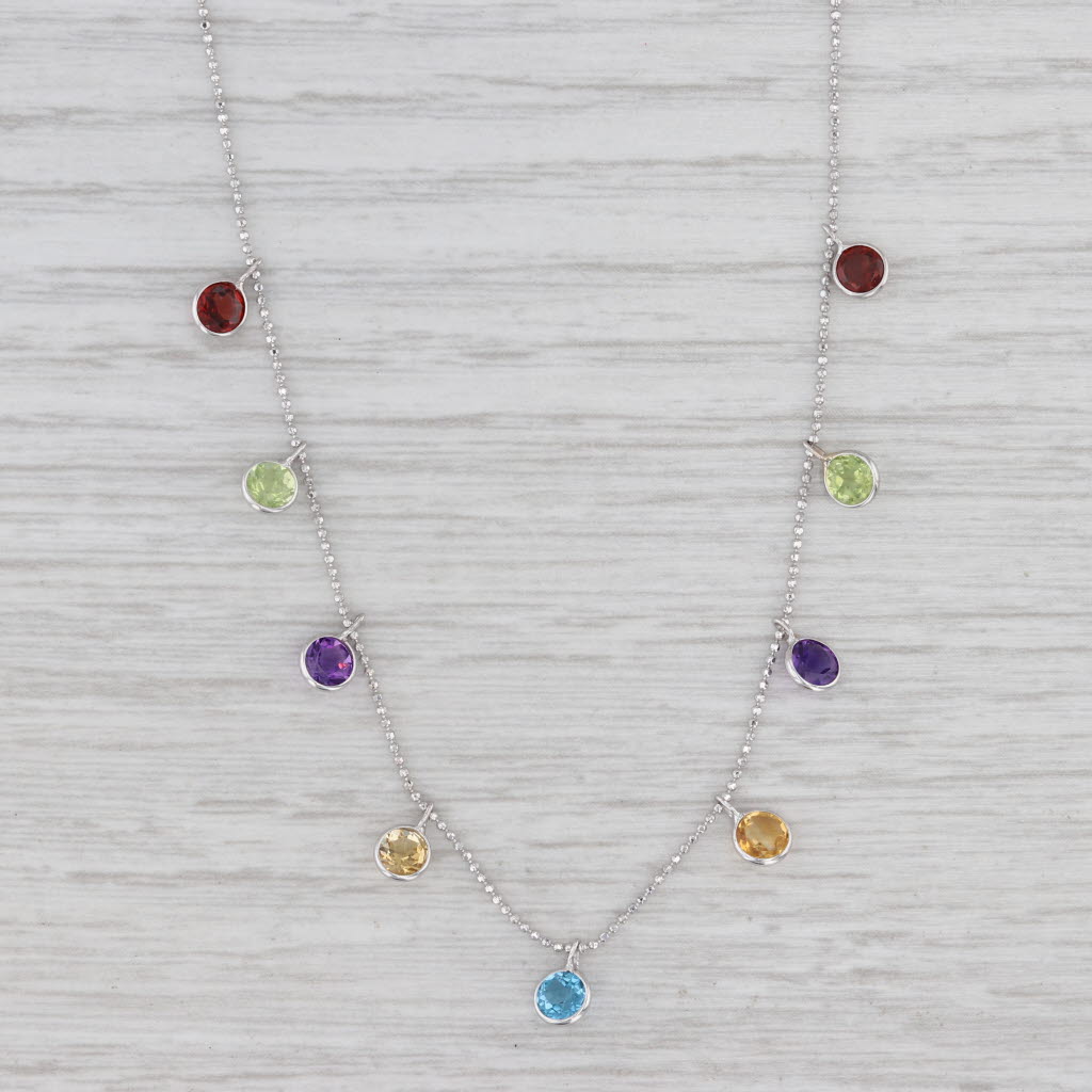 Light Gray 2.48ctw Gemstone Fringe Necklace 14k Gold 16" Bead Chain Garnet Peridot Amethyst