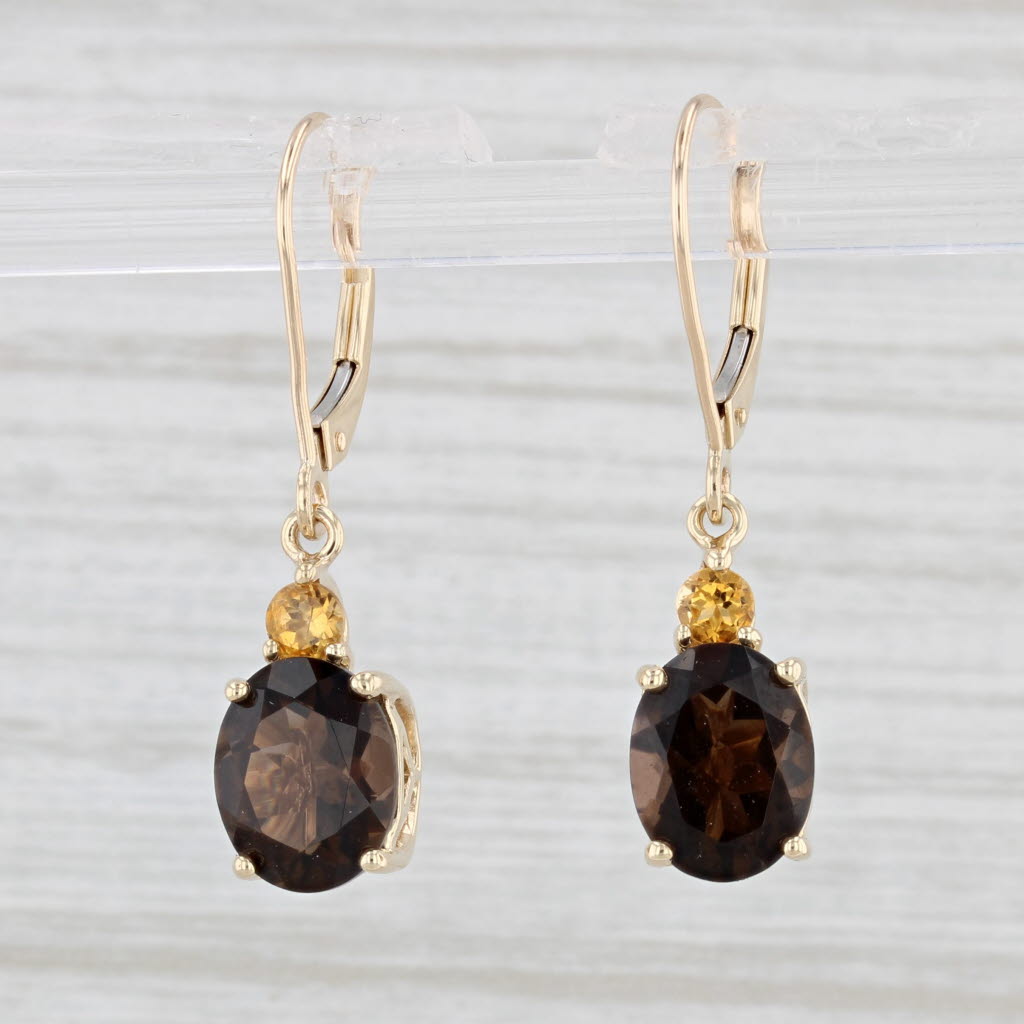 Light Gray 3.70ctw Smoky Quartz Citrine Dangle Earrings 10k Yellow Gold Lever Backs