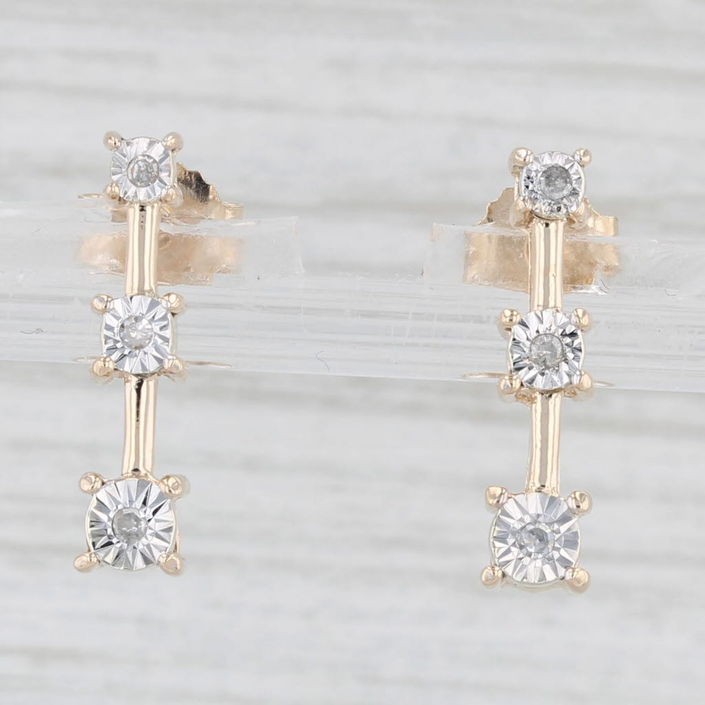 Light Gray Diamond 3-Stone Journey Earrings 10k Yellow Gold Pierced Drops