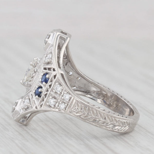 Art Deco 1ctw Round Diamonds Sapphire Ring 14k White Gold Size 6 GIA Cocktail