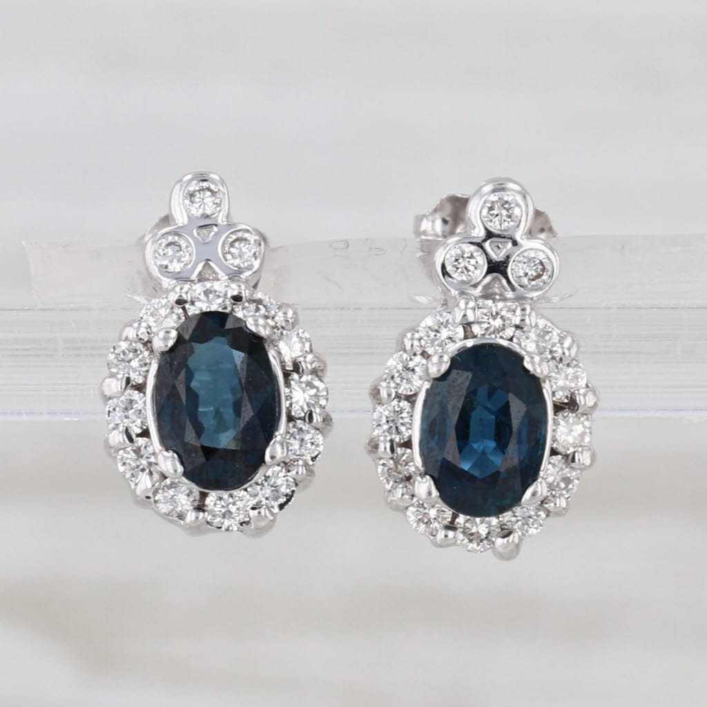1.67ctw Blue Sapphire Diamond Halo Stud Earrings 14k White Gold