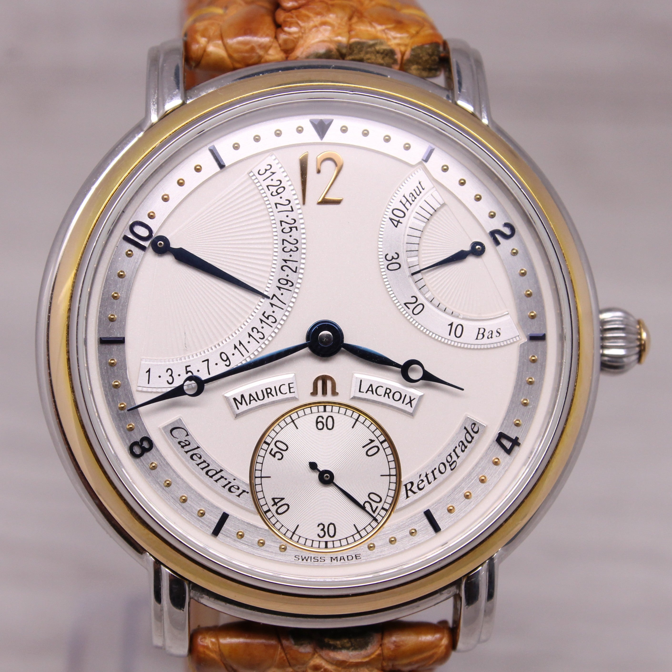 Maurice Lacroix Retrograde Calendar Mens 43mm Steel & 18k Gold Watch w/ Box Tag