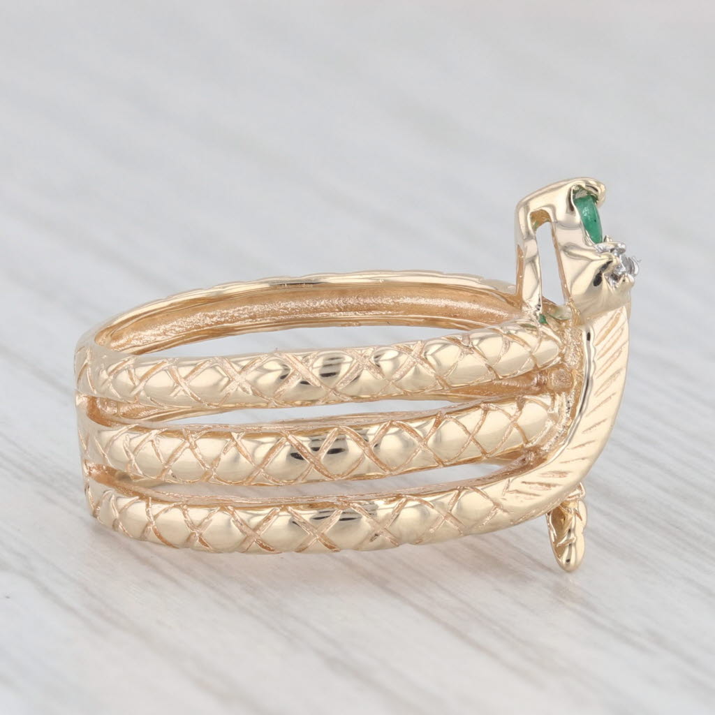 Light Gray Vintage Richard Klein Coiled Snake Ring Emerald Diamond 10k Yellow Gold Size 6