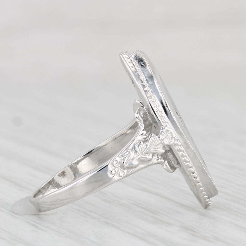 Light Gray Vintage Frosted Camphor Glass Ring 14k White Gold Size 5 Diamond Accent