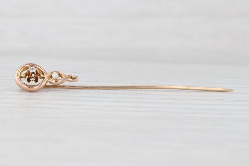 Light Gray Antique Diamond Seed Pearl Stickpin 10k Yellow Gold Pin