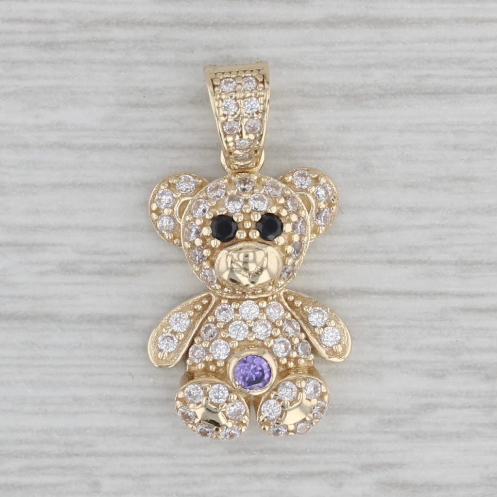 Gray Cubic Zirconia Teddy Bear Pendant 10k Yellow Gold Gift Keepsake