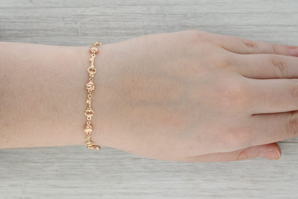 Dark Gray Key Heart Chain Bracelet 10k Rose Yellow Gold 7.5" 5.8mm