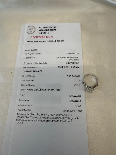 Dark Gray Lab Grown 3.20ct VVS2 H Emerald Cut Diamond Engagement Ring 18k White Gold Sz 6