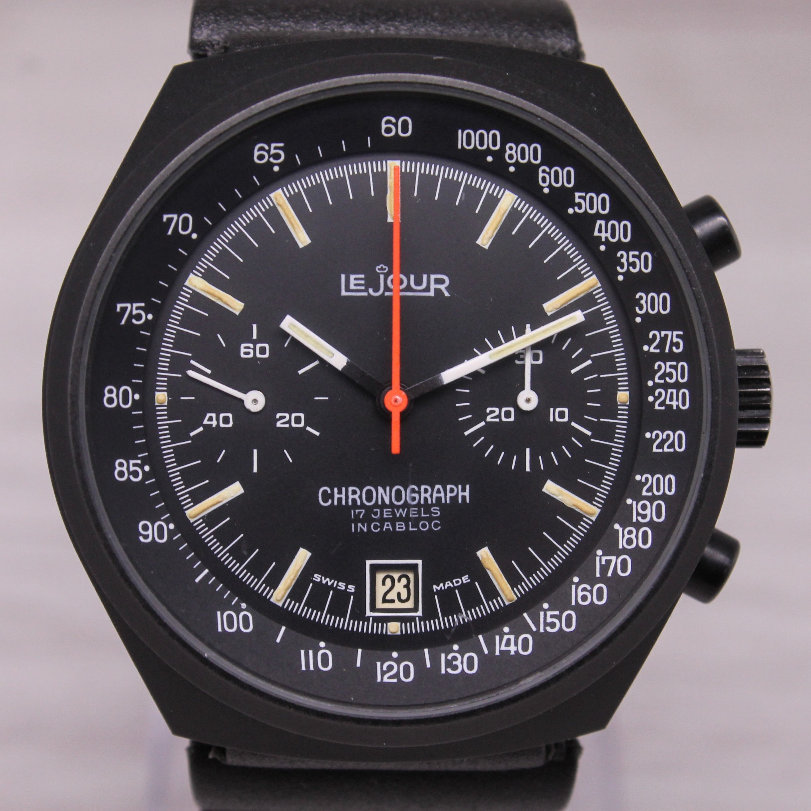 Vintage LeJour 40mm Black PVD Manual Wind Chronograph Valjoux 7734 - Near Mint -