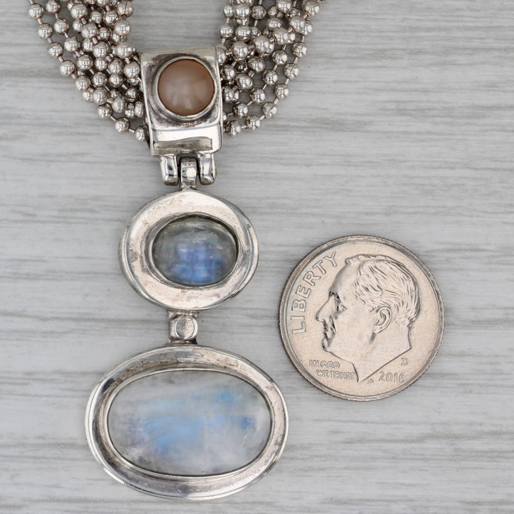 Gray Moonstone Labradorite 3-Stone Pendant Necklace Multistrand Bead Chain 18"
